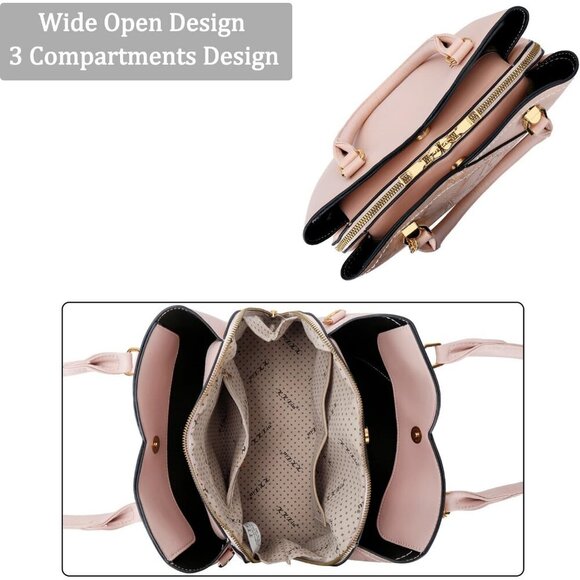 Women’s Pink Triple Compartment Satchel Fashion Top Handle Shoulder Bag - Picture 6 of 6